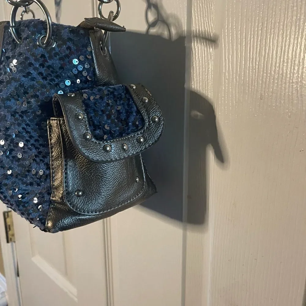 Stylish Blue &Silver Rhinestones cross embroidery & sequins metallic gray Bag